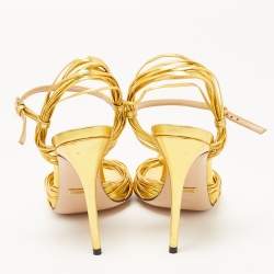 Pre Owned Gucci Gold Foil Leather Allie Knot Ankle Strap Sandals Size 36.5