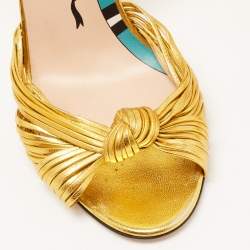 Pre Owned Gucci Gold Foil Leather Allie Knot Ankle Strap Sandals Size 36.5