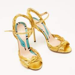 Pre Owned Gucci Gold Foil Leather Allie Knot Ankle Strap Sandals Size 36.5