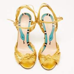 Pre Owned Gucci Gold Foil Leather Allie Knot Ankle Strap Sandals Size 36.5