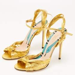 Pre Owned Gucci Gold Foil Leather Allie Knot Ankle Strap Sandals Size 36.5
