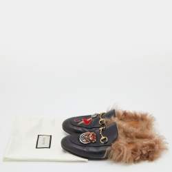 Pre Owned Gucci Black Tiger Embroidered Leather and Fur Princetown Flat Mules Size 38
