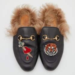 Pre Owned Gucci Black Tiger Embroidered Leather and Fur Princetown Flat Mules Size 38