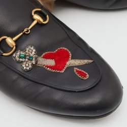 Pre Owned Gucci Black Tiger Embroidered Leather and Fur Princetown Flat Mules Size 38