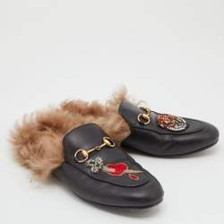 Pre Owned Gucci Black Tiger Embroidered Leather and Fur Princetown Flat Mules Size 38