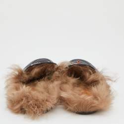 Pre Owned Gucci Black Tiger Embroidered Leather and Fur Princetown Flat Mules Size 38