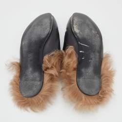 Pre Owned Gucci Black Tiger Embroidered Leather and Fur Princetown Flat Mules Size 38