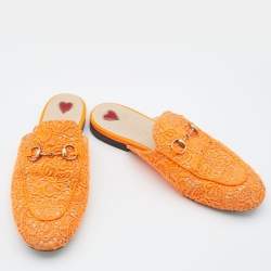 Pre Owned Gucci Neon Orange Lace Princetown Flat Mules Size 37.5