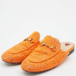 Pre Owned Gucci Neon Orange Lace Princetown Flat Mules Size 37.5