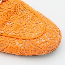 Pre Owned Gucci Neon Orange Lace Princetown Flat Mules Size 37.5