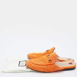 Pre Owned Gucci Neon Orange Lace Princetown Flat Mules Size 37.5