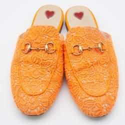 Pre Owned Gucci Neon Orange Lace Princetown Flat Mules Size 37.5
