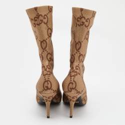 Pre Owned Gucci Beige/Brown GG Knit Fabric Ankle Length Boots Size 39