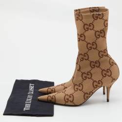 Pre Owned Gucci Beige/Brown GG Knit Fabric Ankle Length Boots Size 39