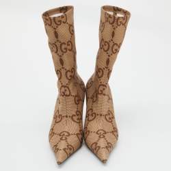 Pre Owned Gucci Beige/Brown GG Knit Fabric Ankle Length Boots Size 39