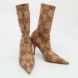 Pre Owned Gucci Beige/Brown GG Knit Fabric Ankle Length Boots Size 39