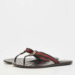Pre Owned Gucci Tricolor Leather and Canvas Web Interlocking G Thong Flats Size 39.5