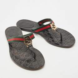 Pre Owned Gucci Tricolor Leather and Canvas Web Interlocking G Thong Flats Size 39.5