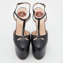 مملوكة مسبقًا Gucci Black Leather Angel Platforms T-Strap Sandals Size 37.5
