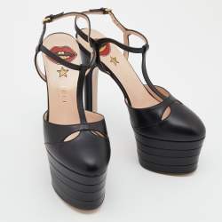 مملوكة مسبقًا Gucci Black Leather Angel Platforms T-Strap Sandals Size 37.5