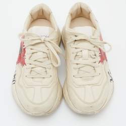Gucci Beige Leather Rhyton Hawaii Print Low Top Sneakers Size 37.5