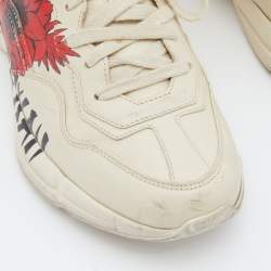 Gucci Beige Leather Rhyton Hawaii Print Low Top Sneakers Size 37.5