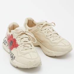 Gucci Beige Leather Rhyton Hawaii Print Low Top Sneakers Size 37.5