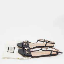Gucci Black Leather Horsebit T-Strap Flat Sandals Size 38
