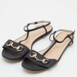 Gucci Black Leather Horsebit T-Strap Flat Sandals Size 38