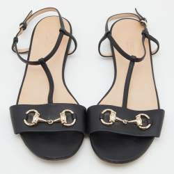 Gucci Black Leather Horsebit T-Strap Flat Sandals Size 38