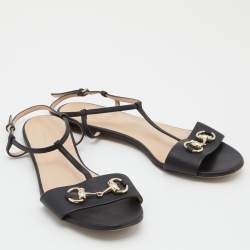 Gucci Black Leather Horsebit T-Strap Flat Sandals Size 38
