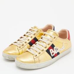 Gucci Gold Leather Embroidered Blind For Love Ace Sneakers Size 37