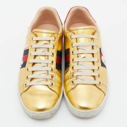 Gucci Gold Leather Embroidered Blind For Love Ace Sneakers Size 37