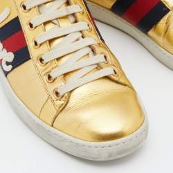 Gucci Gold Leather Embroidered Blind For Love Ace Sneakers Size 37
