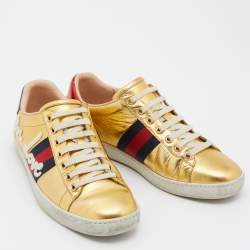 Gucci Gold Leather Embroidered Blind For Love Ace Sneakers Size 37