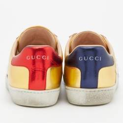 Gucci Gold Leather Embroidered Blind For Love Ace Sneakers Size 37