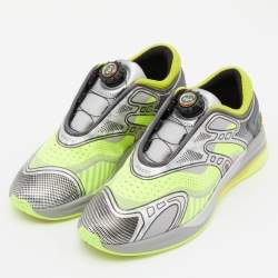 مملوكة مسبقًا Gucci Neon Green Knit Fabric and Leather Ultrapace R Sneakers Size 37.5
