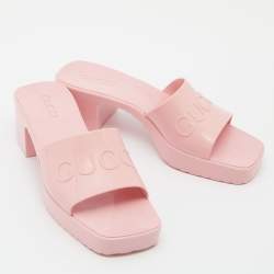 Gucci Pink Rubber Slide Block Heel Sandals Size 38