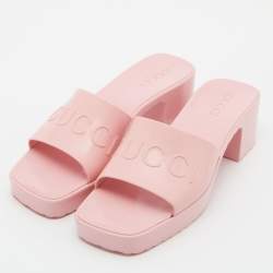 Gucci Pink Rubber Slide Block Heel Sandals Size 38