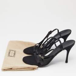 Pre Owned Gucci Black Satin Crystal Embellished Interlocking G Ankle Strap Sandals Size 39