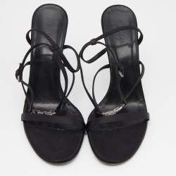 Pre Owned Gucci Black Satin Crystal Embellished Interlocking G Ankle Strap Sandals Size 39