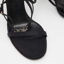 Pre Owned Gucci Black Satin Crystal Embellished Interlocking G Ankle Strap Sandals Size 39