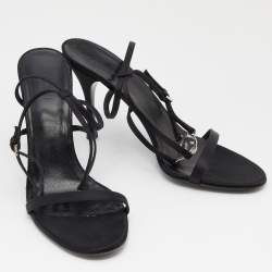 Pre Owned Gucci Black Satin Crystal Embellished Interlocking G Ankle Strap Sandals Size 39