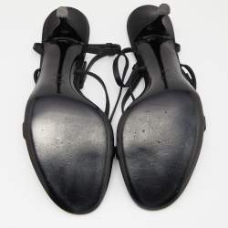 Pre Owned Gucci Black Satin Crystal Embellished Interlocking G Ankle Strap Sandals Size 39