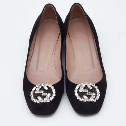 Gucci Black Suede Crystal Embellished Interlocking G Pumps Size 38.5
