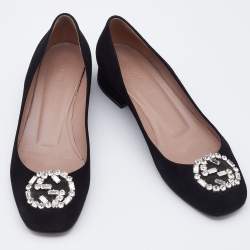 Gucci Black Suede Crystal Embellished Interlocking G Pumps Size 38.5