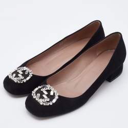 Gucci Black Suede Crystal Embellished Interlocking G Pumps Size 38.5