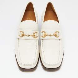 Pre Owned Gucci Off White Leather Horsebit Loafer Pumps Size 39.5