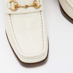 Pre Owned Gucci Off White Leather Horsebit Loafer Pumps Size 39.5