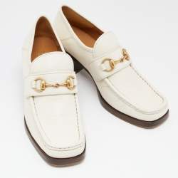 Pre Owned Gucci Off White Leather Horsebit Loafer Pumps Size 39.5